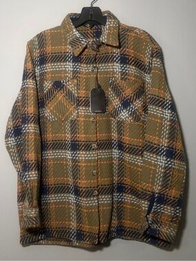 Men's Olive Green Plaid Button-Down Shacket with Navy & Orange